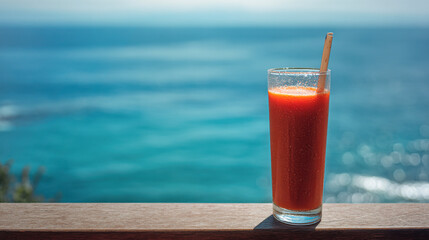 Obraz premium Refreshing tropical orange beverage with straw by ocean