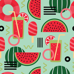 Red watermelon pattern artwork with geometric shape elements. Colorful summer poster design. Scandinavian style abstract vector. Illustration of watermelon slices, seeds, rind, leaves, and flowers.  © amna