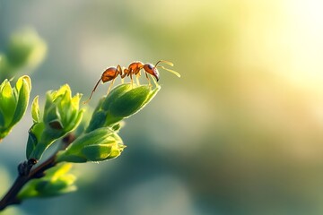 Ant walking on fresh green bud against blurred background