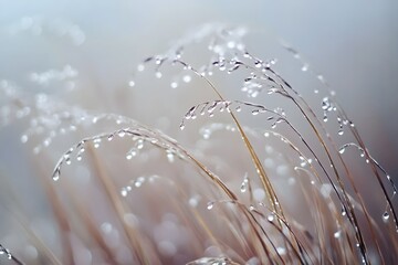 Raindrops clinging to delicate wild grass in the morning