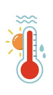 Flat style animation of a red thermometer rising in extreme heat, featuring a sun, sweat drops, and heatwave lines. Perfect for climate, weather, or summer related motion graphics.