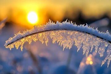 Crystal ice formations on grass blades during winter sunrise