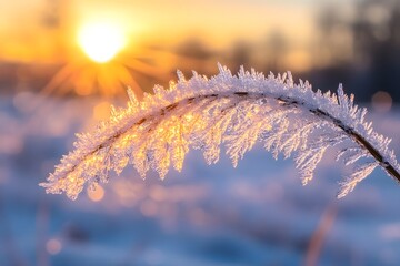 Crystal ice formations on a grass blade during winter sunrise