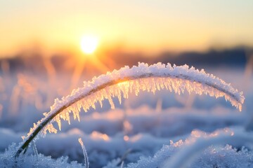 Crystal ice formations on grass blades during winter sunrise