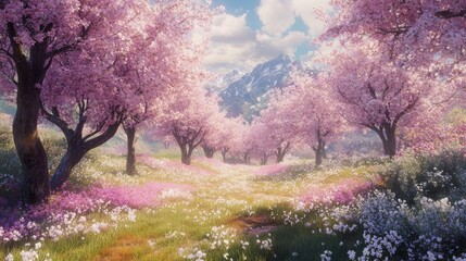 Enchanted Cherry Blossom Valley: A Breathtaking Spring Landscape
