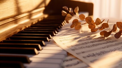 Close-up view of piano keys with sheet music and dried leaves, soft lighting creating a warm ambiance
