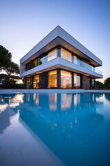 Fototapeta premium Modern luxury home with infinity pool at dusk