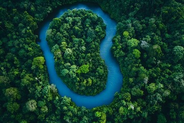 Aerial view of a winding river through a dense forest