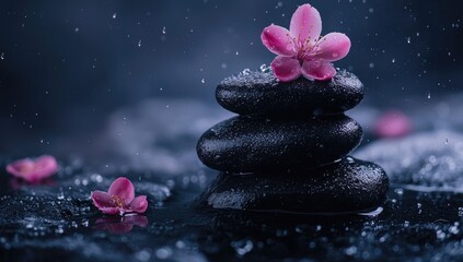 Dark stones, pink flowers, water droplets