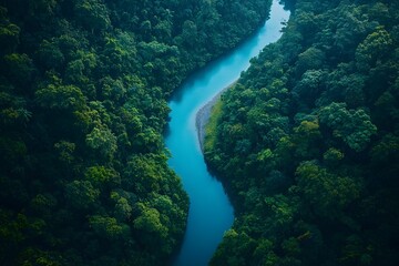 Drone view of winding river through dense forest