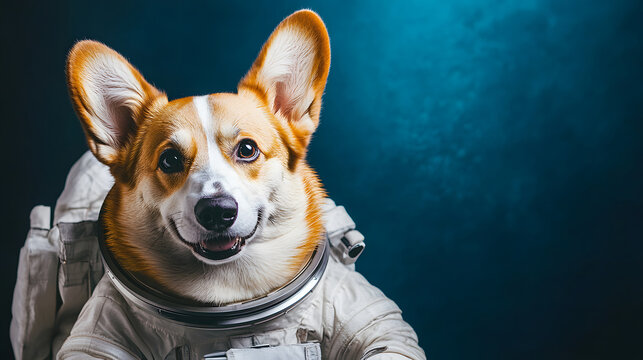 Corgi dog wearing a space suit against a dark blue background.  - Powered by Adobe