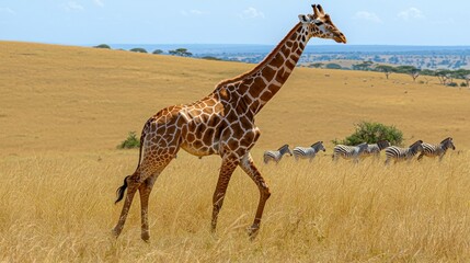 Obraz premium A giraffe strolls across a golden savanna, with zebras in the background