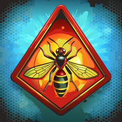 Stylized illustration of a wasp on a warning sign with colorful background 