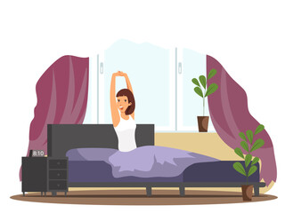 Vector illustration of a woman who just woke up, sitting on a sofa and stretching. Cozy morning atmosphere depicting comfort, relaxation, and the start of a new day at home.
