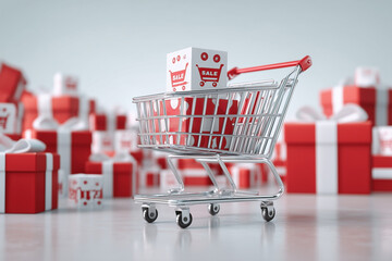 3D illustration of a shopping cart with red and white sale icons, surrounded by shopping boxes on a light background