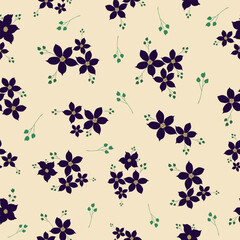 Obraz premium Seamless pattern with deep purple floral silhouettes on soft beige background with green accents, ideal for summer fabric, wrapping and textile use.