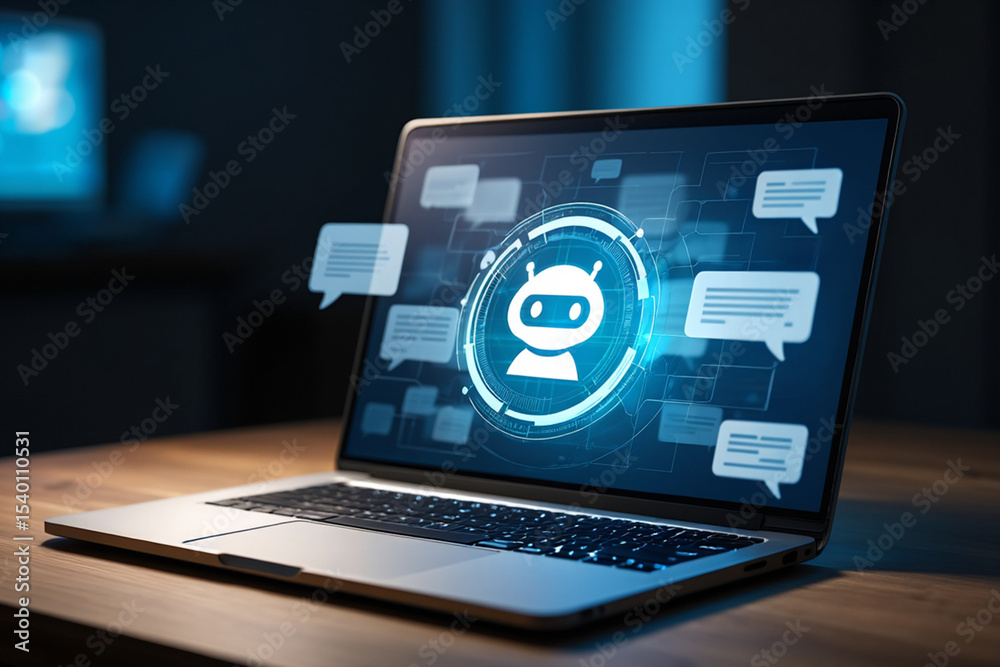 Wall mural laptop displaying ai chatbot interface with messaging bubbles