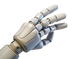 A white cyborg robotic hand pointing its finger, rendered in high-quality 3D, sleek futuristic design, detailed mechanical joints, isolated on a white background"