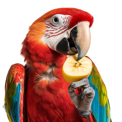 Scarlet macaw eating an apple colorful parrot pet bird avian wildlife on transparent background