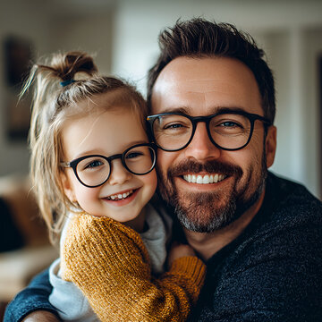 Happy Father and Daughter Smiling Together Closeup pose, Both wearing glasses high quality portrait conveying warmth and affection.