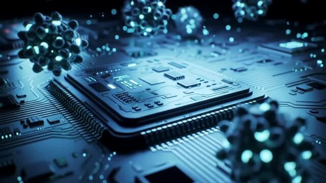A detailed close up of a computer chip with virus particles floating above in a blue color scheme