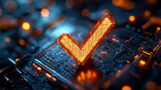 A glowing checkmark symbol, orange-lit, rests on a complex circuit board.  Bokeh effect highlights the technological focus - Powered by Adobe