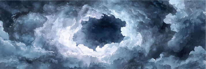 Vector illustration of dramatic blue cloudscape, watercolor painting, banner with dark and light contrast