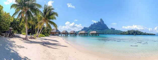 Naklejka premium A beautiful tropical beach with palm trees and clear blue water, a Caribbean vacation background