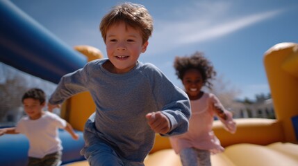 Three children are running in a yellow inflatable obstacle course