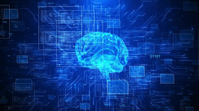 wireframe 3d Artificial intelligence AI brain animation. Big Data Flow Analysis. deep learning blockchain neural network concept. Brain thinking process shining AI Technology Innovation Big Data