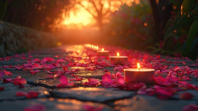 A path strewn with rose petals, lit by candlelight at sunset - Powered by Adobe