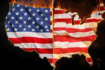 AI Generated Flag of America in the shape of the country, Burned and Devided