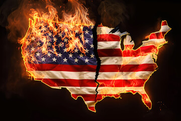 AI Generated Flag of America in the shape of the country, Burned and Devided