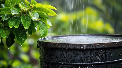 Rainwater collecting in barrel near lush green leaves