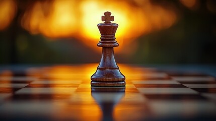 A single dark wooden chess king, centrally positioned on a checkered board, bathed in warm sunset light