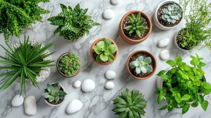 Top view of various succulent and houseplants in small pots arranged on a marble surface with decorative stones.