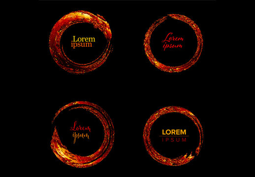 Abstract Gold Fire Brushstroke Circles Set on Black Background