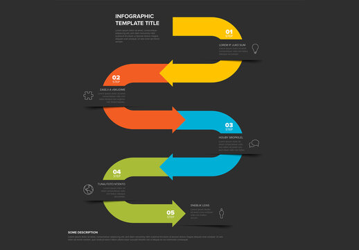 Vertical Infographic Design with Five Steps and Thick Colorful Arrows on dark background