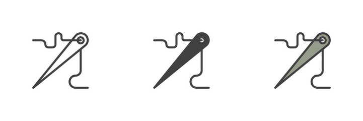 Sewing needle and thread icon set in outline, solid and filled styles