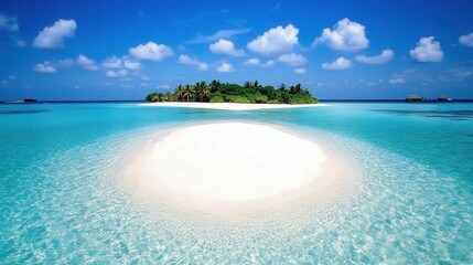 Fototapeta premium Stunning Crescent Sandbar Surrounded by Turquoise Waters and Skies