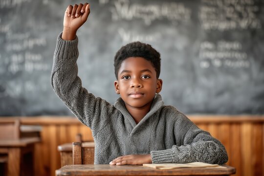 An African American boy raising his hand to ask a question in class at school.