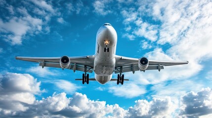 Obraz premium Futuristic AI-Controlled Passenger Jet Flying in Cloudy Sky