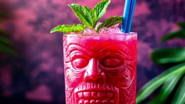 Vibrant tropical cocktail in tiki glass with mint garnish on colorful background