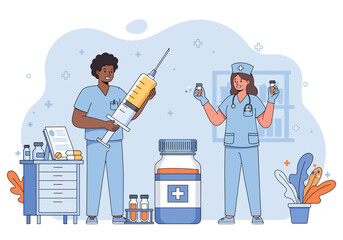 Funny cartoon illustration of a female doctor nurse holding syringe and holding medicine