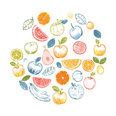 Fresh Fruit Scattered Line Art Circle - Vector Illustration