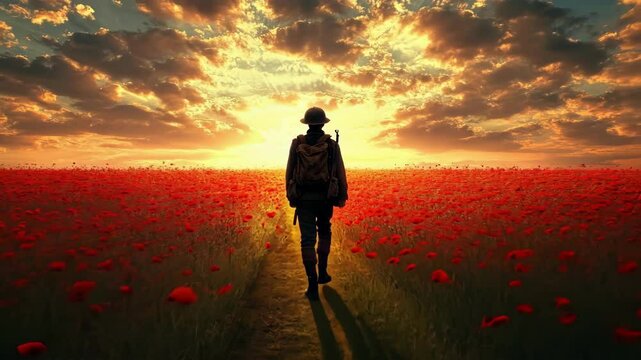 Young caucasian man walking through poppy field at sunset. Memorial Day, Remembrance Day, Veterans Day, ANZAC Day - National Day of Remembrance, Military Honor Day, Armed Forces Memorial