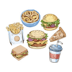 Classic Fast Food Meal Assortment - Vector Illustration