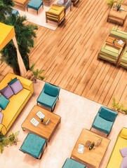 A vibrant outdoor lounge area with colorful seating and wooden flooring, ideal for relaxation