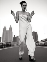 Emotional woman walking through city streets, candid urban moment
