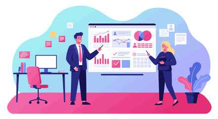Illustration of a project manager presenting in front of a client, vector design